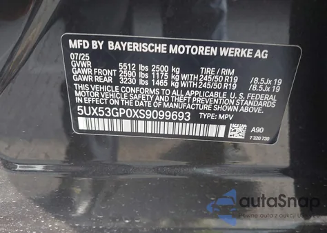 2025 BMW X3 30 xDrive из США, поврежденный, VIN 5UX53GP0XS9099693